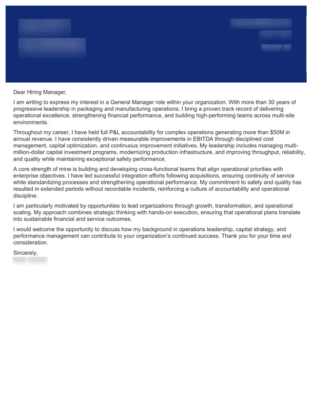 General Manager cover letter written by HoverAdsPro