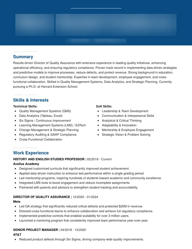 Director of Quality Assurance resume written by HoverAdsPro