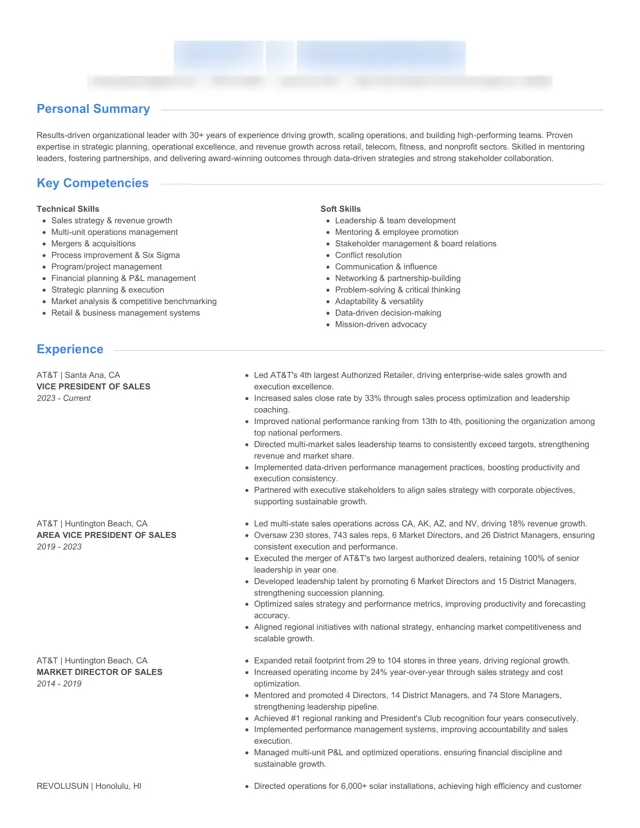Senior Sales & Operations Leader resume written by HoverAdsPro